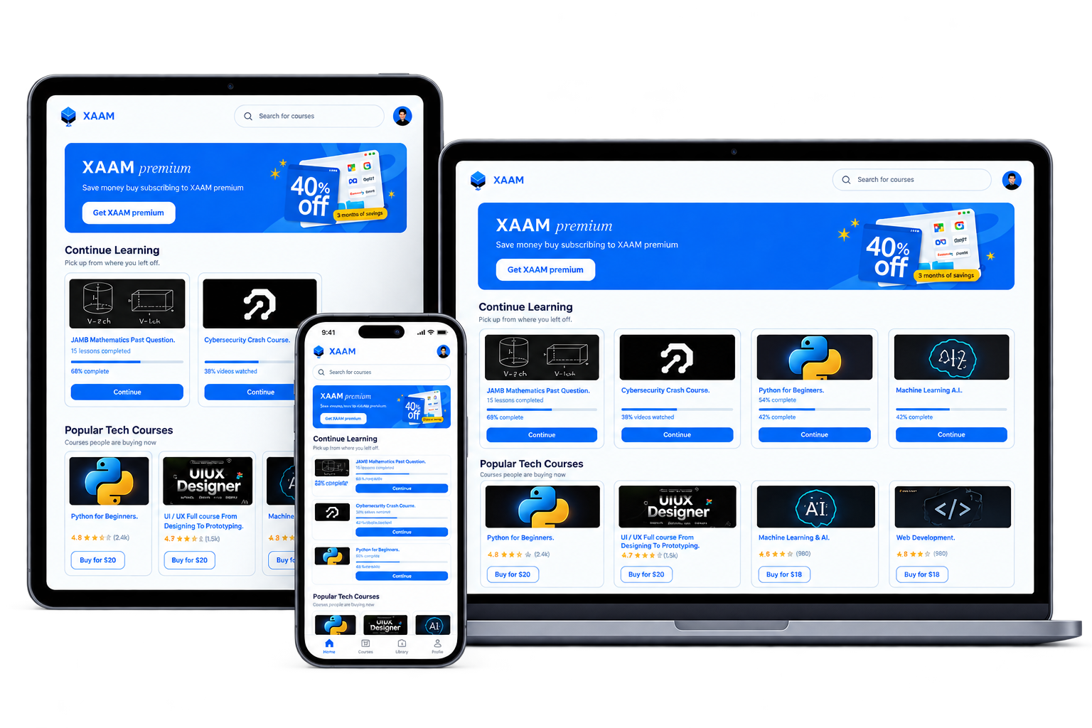 XAAM on laptop, tablet and phone, showing continue learning and popular courses